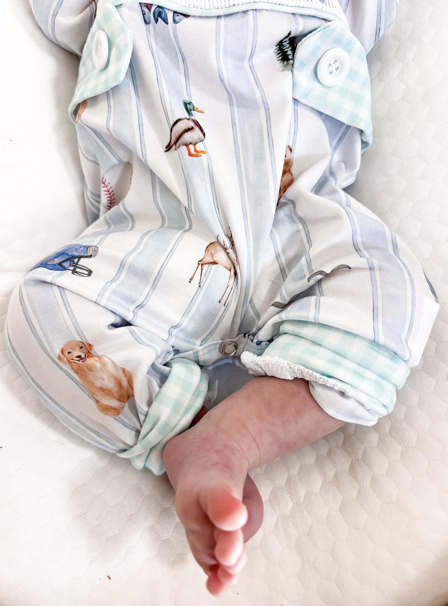 preppy newborn boys baby blue and white smocked baby romper outfit bodysuit and knotted hat with stripes and boy hunting for baby, fish buck deer bear football sports baseball mallard duck puppy dog pine trees outdoor all american boy, our boy monogram baby shower gift for boy, light blue and mint green gingham baby gift, newborn coming home outfit, baby shower gift set, pregnancy announcement, custom newborn baby romper outfit, boutique smocked baby gift set, the mod mango baby boutique co