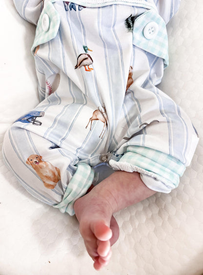 preppy newborn boys baby blue and white smocked baby romper outfit bodysuit and knotted hat with stripes and boy hunting for baby, fish buck deer bear football sports baseball mallard duck puppy dog pine trees outdoor all american boy, our boy monogram baby shower gift for boy, light blue and mint green gingham baby gift, newborn coming home outfit, baby shower gift set, pregnancy announcement, custom newborn baby romper outfit, boutique smocked baby gift set, the mod mango baby boutique co
