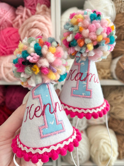 Custom First Birthday Mini Party Hat: Handmade Embroidered Felt Pom Pom