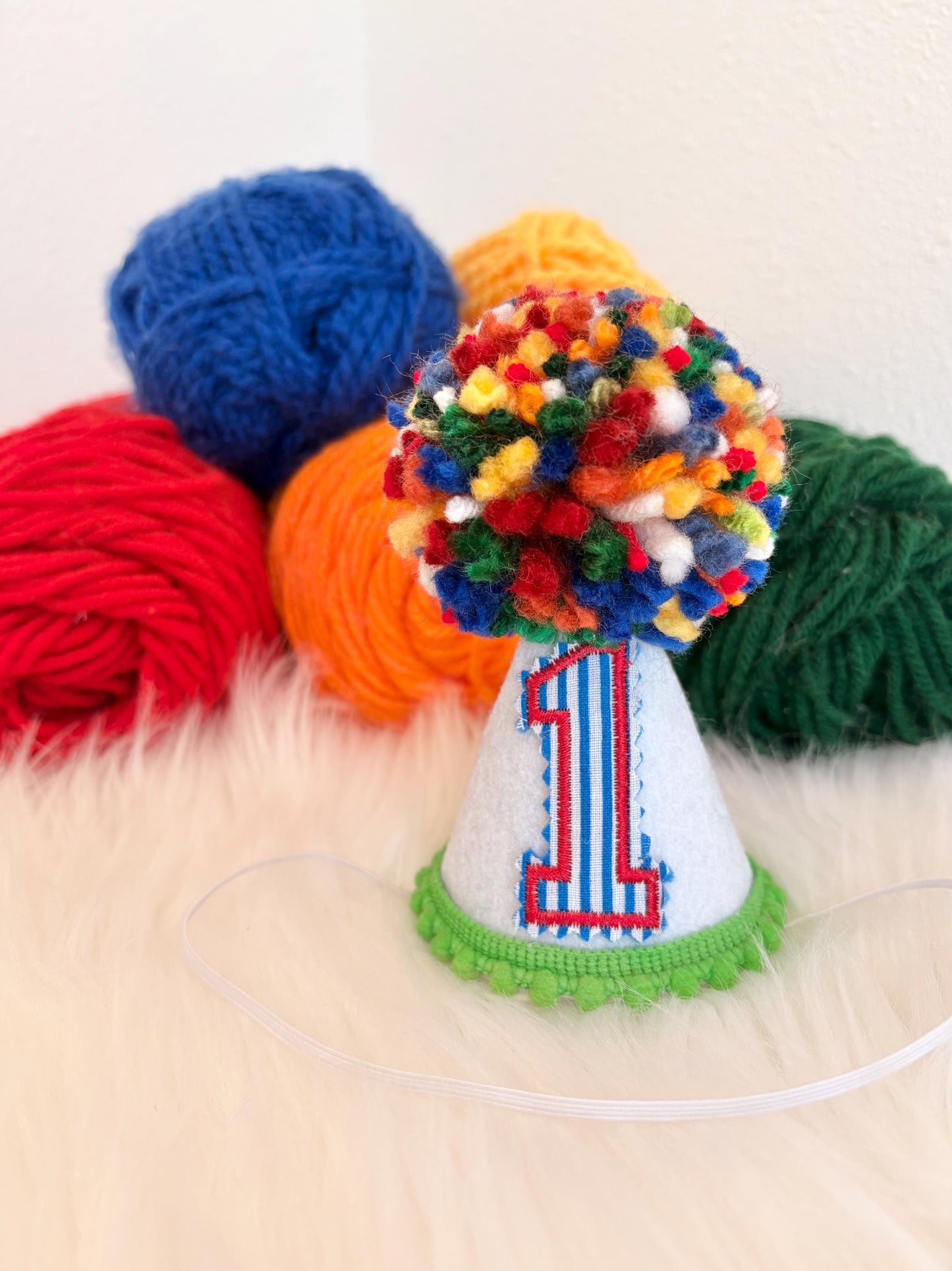 Custom First Birthday Mini Party Hat: Handmade Embroidered Felt Pom Pom