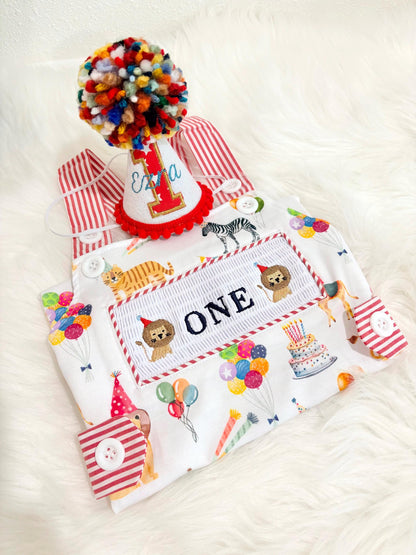 Circus Party Animals Smocked Romper: Boys First Birthday Outfit