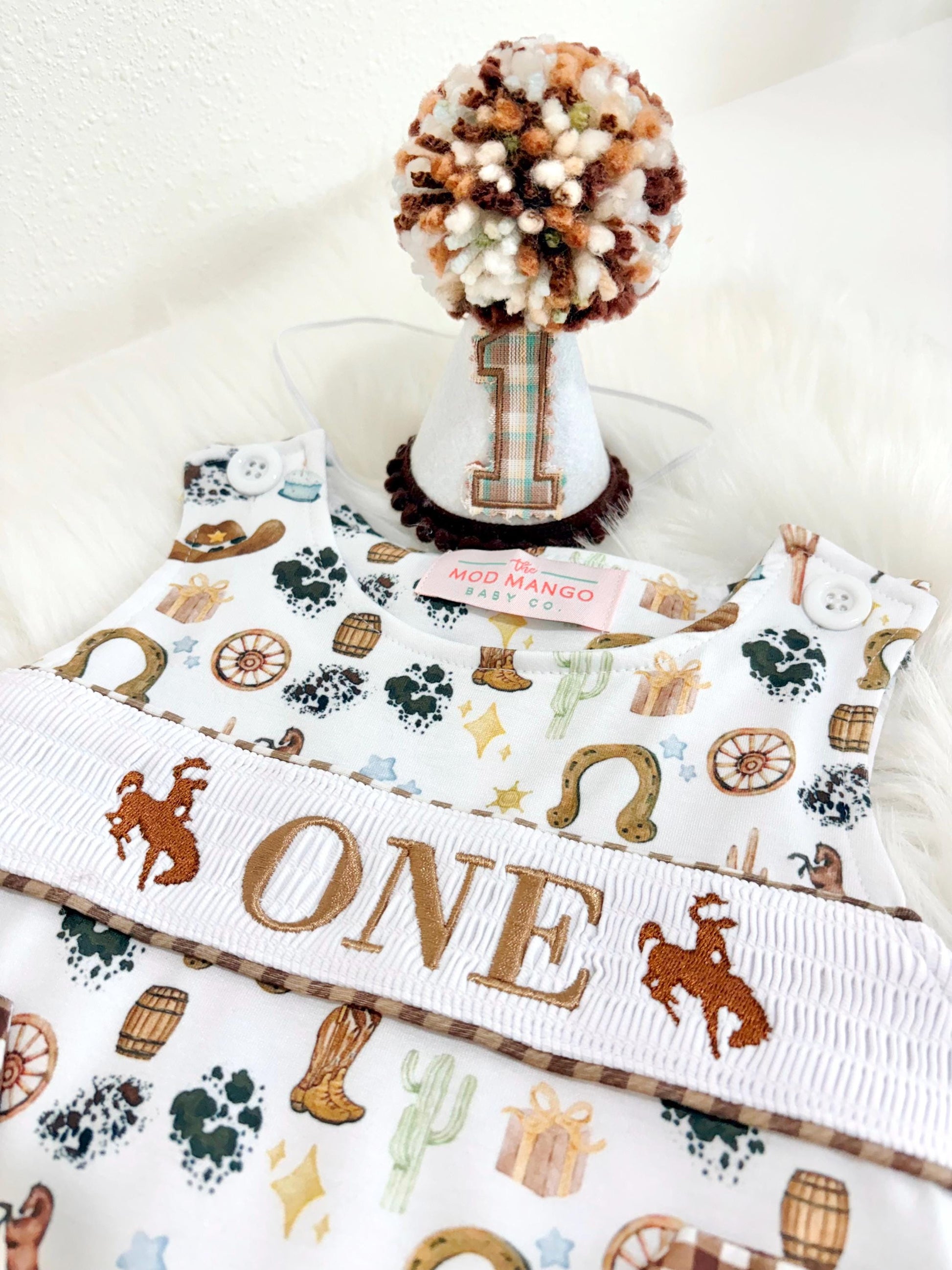 First Rodeo Birthday Smocked Romper: Boys Western Cowboy Outfit