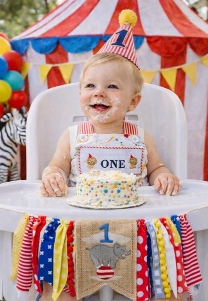 Circus Party Animals Smocked Romper: Boys First Birthday Outfit