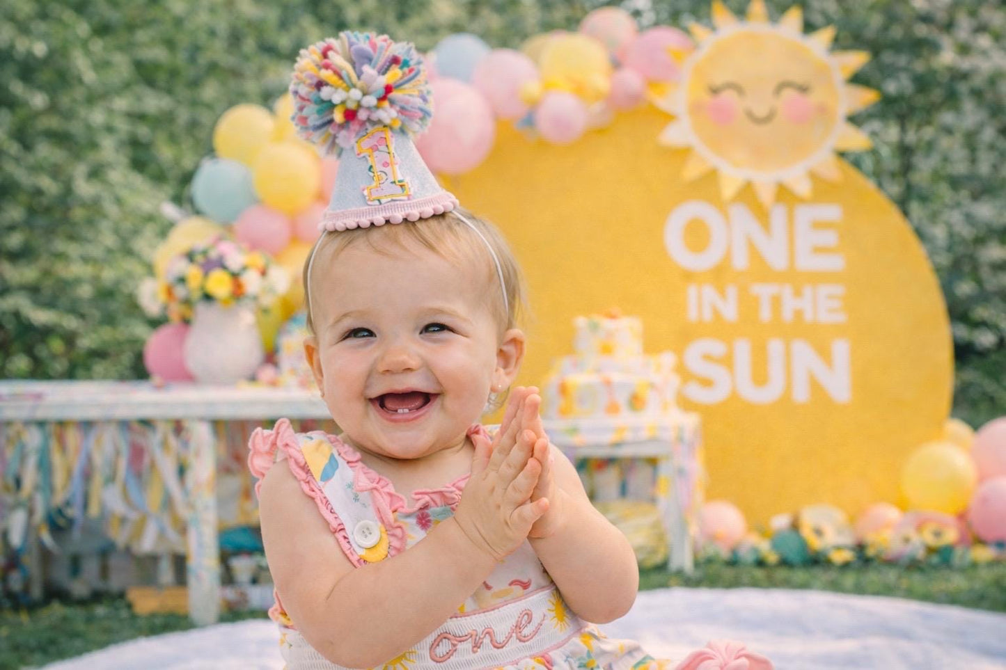 Sunshine First Birthday Smocked Romper: Girls Pink One in the Sun Outfit