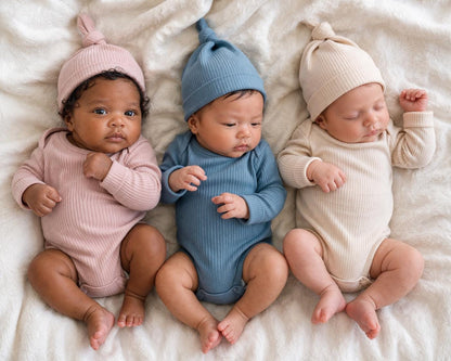 Organic Ribbed Cotton Newborn Outfit: Bodysuit and Knotted Hat Set