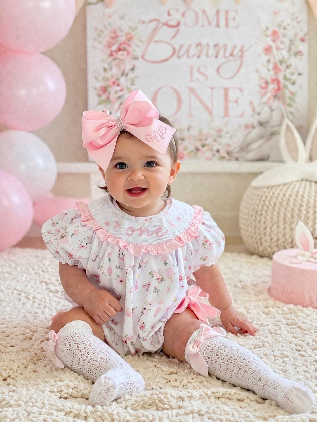 Bunny First Birthday Smocked Romper Dress: Pink Bow Outfit