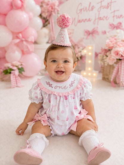 Pink Bow Smocked "ONE" Romper: First Birthday Girl Outfit