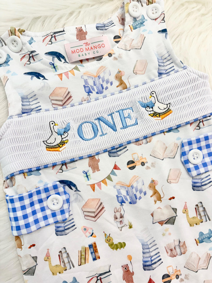 One For the Books Smocked Romper: Baby Boys First Birthday Outfit