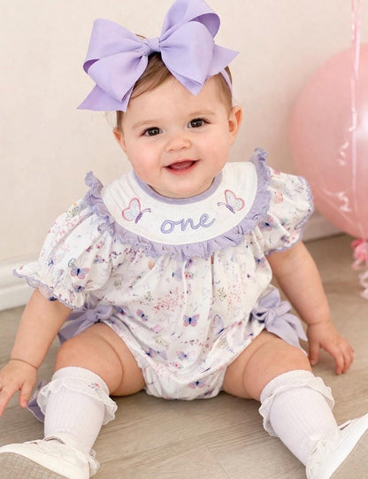 lavender purple butterfly flowers bows first birthday girl romper pink pastel floral and white outfit, pink lavender and white smocked bubble romper butterflies first birthday one year fluttered by ruffle bows embroidered smocked 1st birthday outfit romper baby girls, the mod mango, the mod mango baby co baby boutique