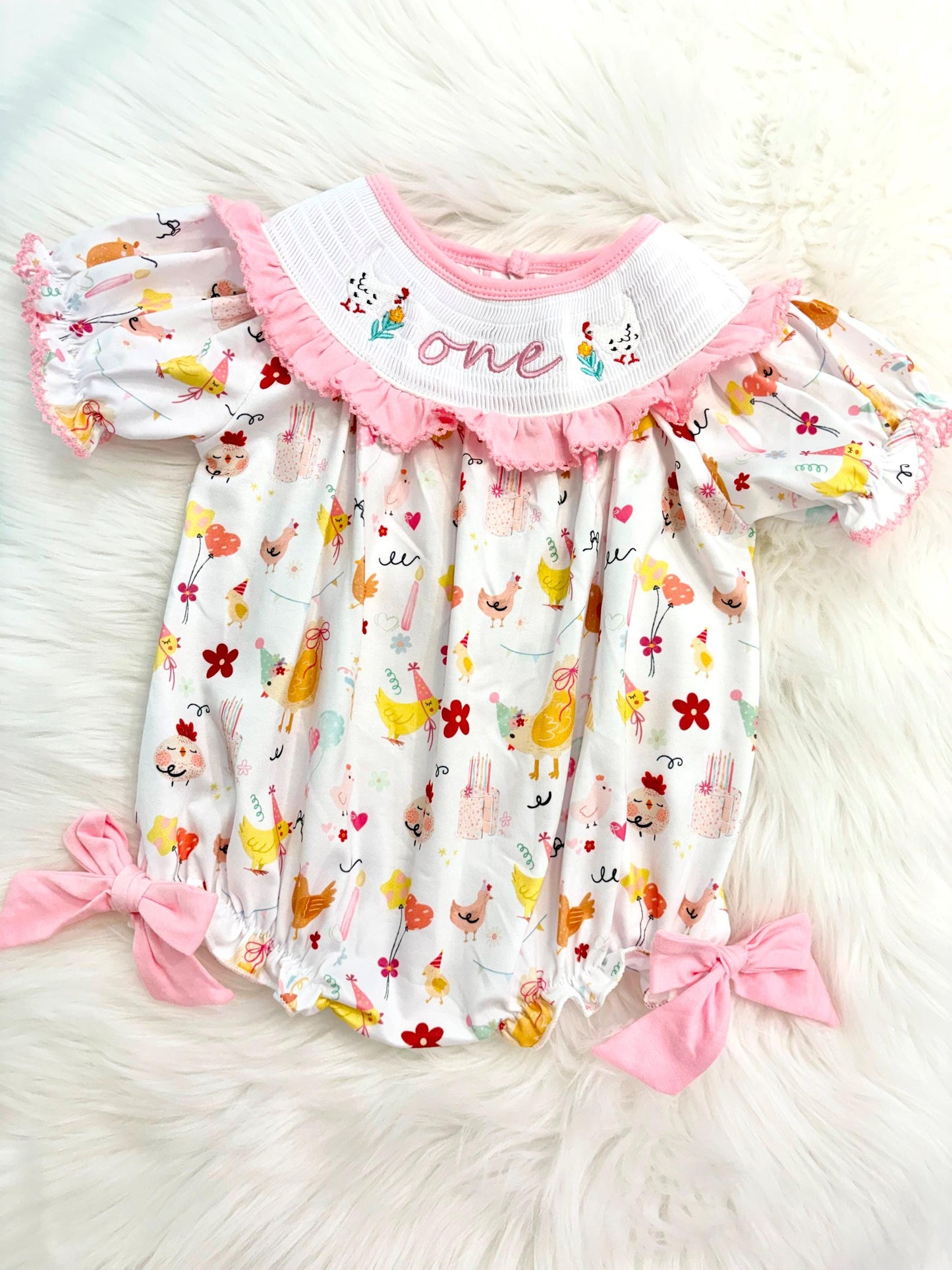 once cute chick girls first birthday bubble romper outfit pink bows first birthday girl romper pink and white outfit, pink yellow smocked dress first birthday embroidered chicken smocked short sleeve 1st birthday outfit ruffle dress baby girls, the mod mango baby co
