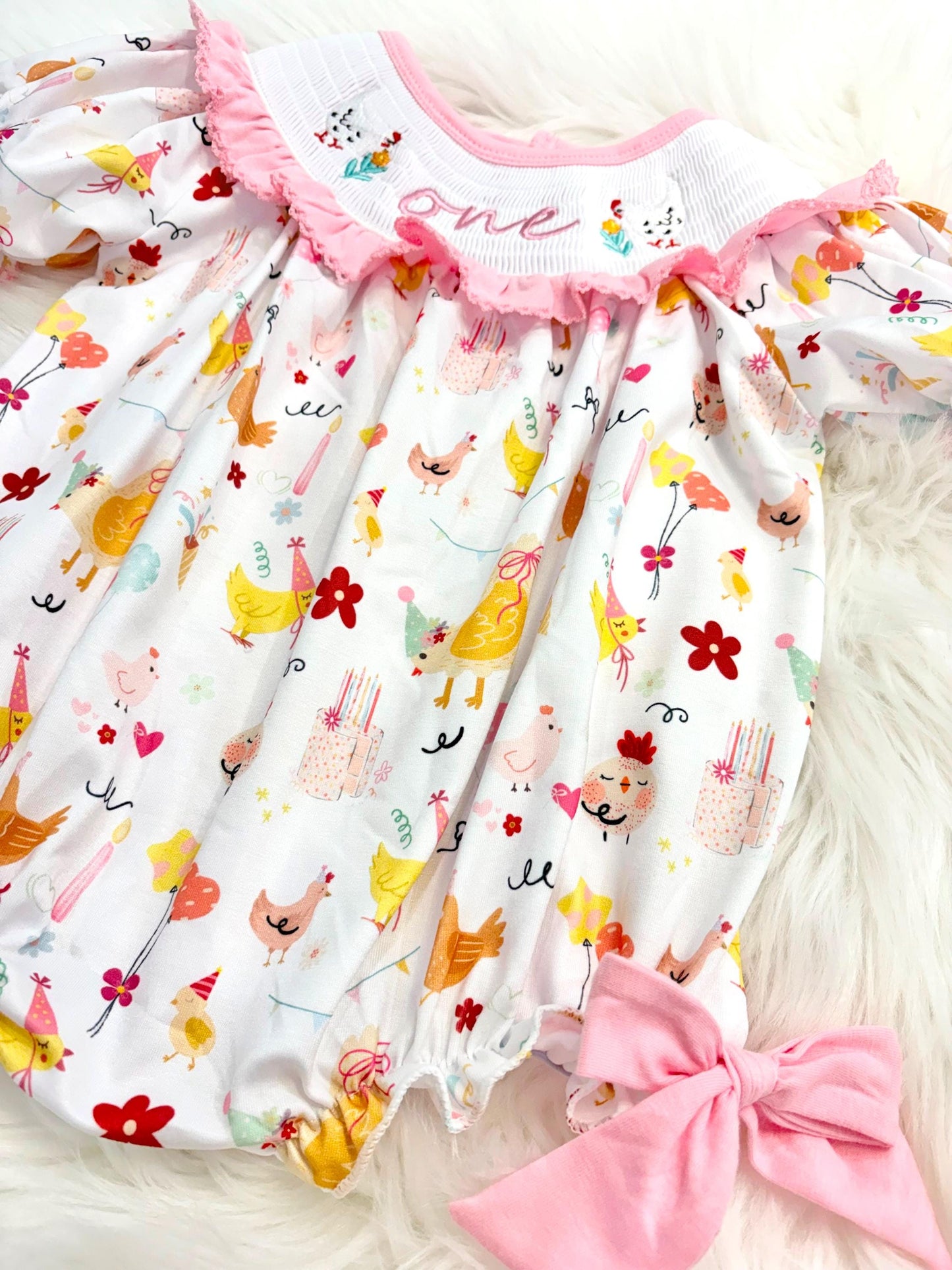 once cute chick girls first birthday bubble romper outfit pink bows first birthday girl romper pink and white outfit, pink yellow smocked dress first birthday embroidered chicken smocked short sleeve 1st birthday outfit ruffle dress baby girls, the mod mango baby co