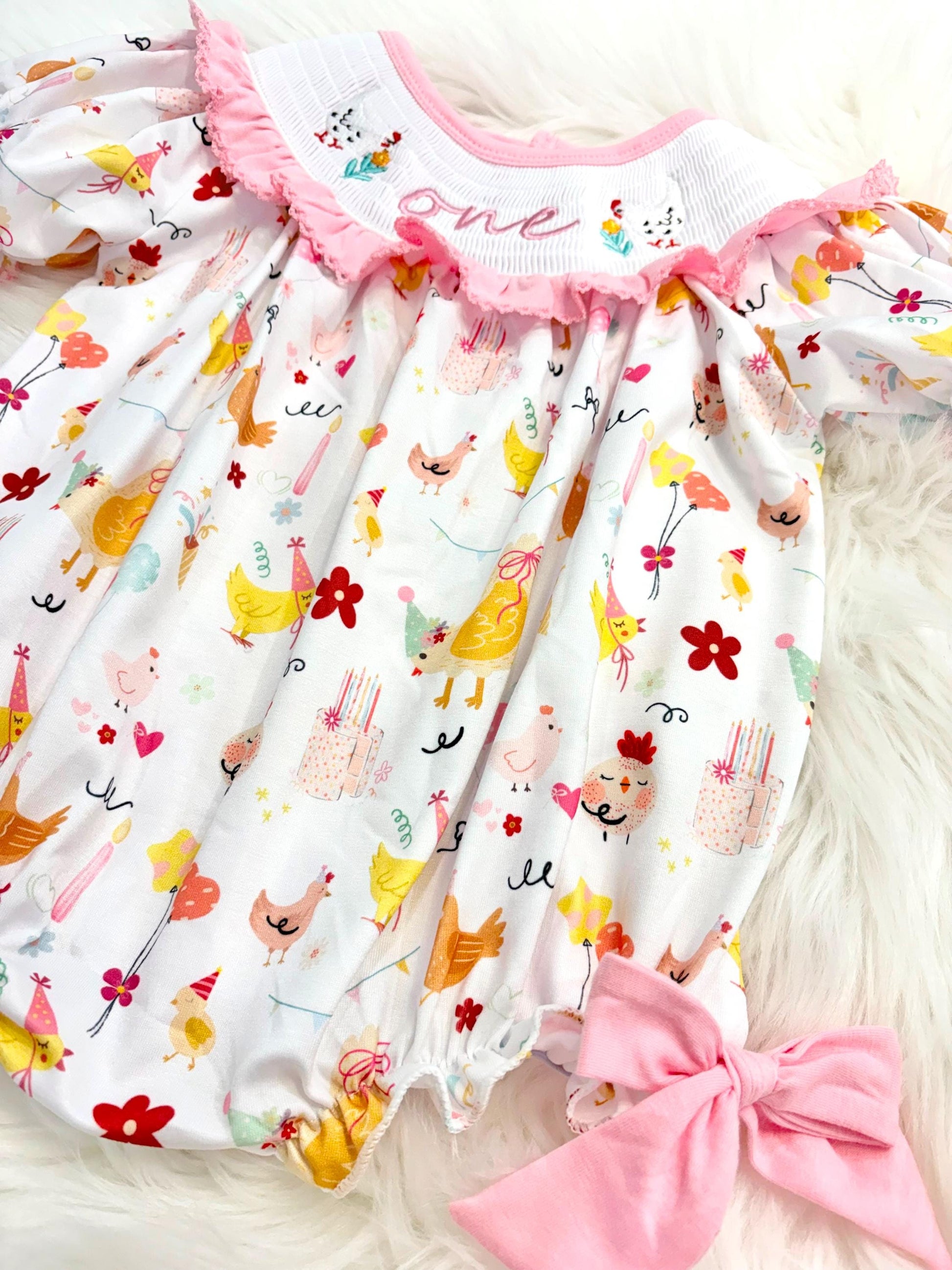 once cute chick girls first birthday bubble romper outfit pink bows first birthday girl romper pink and white outfit, pink yellow smocked dress first birthday embroidered chicken smocked short sleeve 1st birthday outfit ruffle dress baby girls, the mod mango baby co