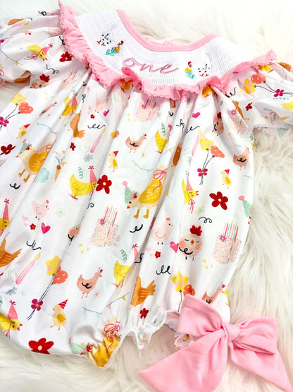 once cute chick girls first birthday bubble romper outfit pink bows first birthday girl romper pink and white outfit, pink yellow smocked dress first birthday embroidered chicken smocked short sleeve 1st birthday outfit ruffle dress baby girls, the mod mango baby co