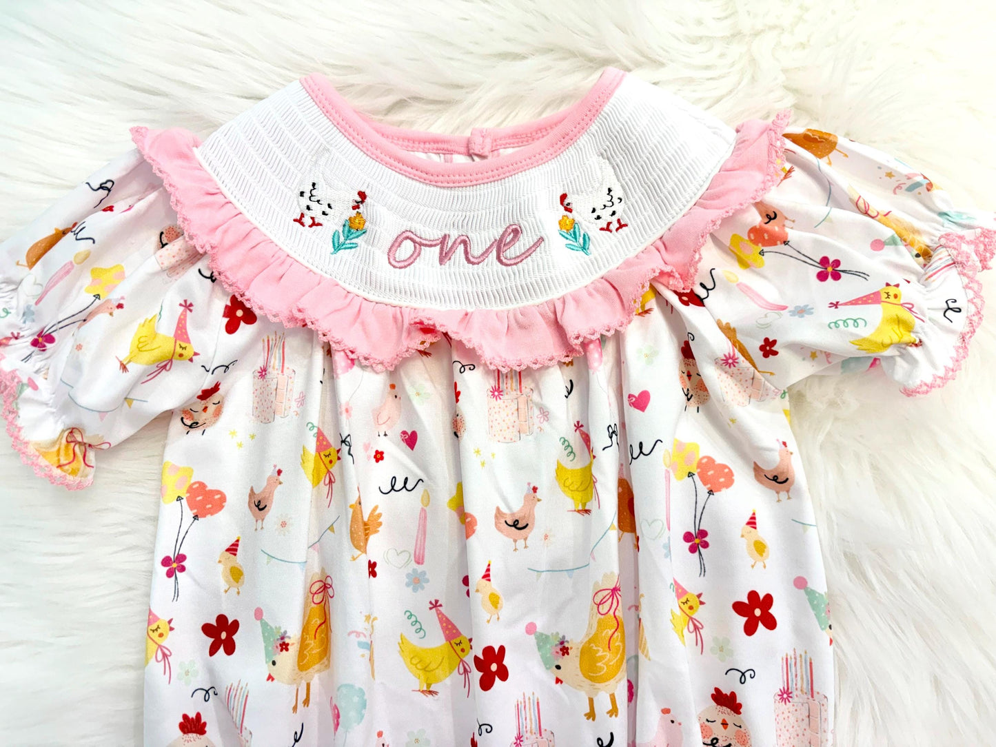 once cute chick girls first birthday bubble romper outfit pink bows first birthday girl romper pink and white outfit, pink yellow smocked dress first birthday embroidered chicken smocked short sleeve 1st birthday outfit ruffle dress baby girls, the mod mango baby co