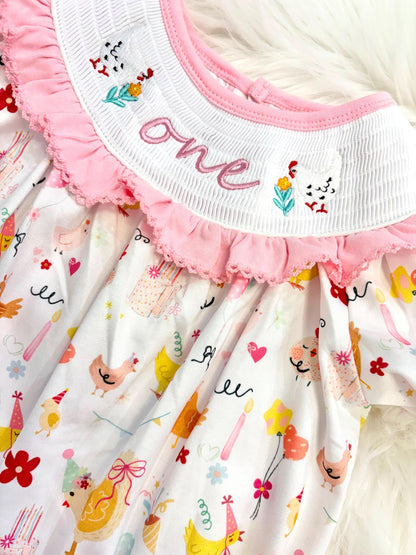 once cute chick girls first birthday bubble romper outfit pink bows first birthday girl romper pink and white outfit, pink yellow smocked dress first birthday embroidered chicken smocked short sleeve 1st birthday outfit ruffle dress baby girls, the mod mango baby co