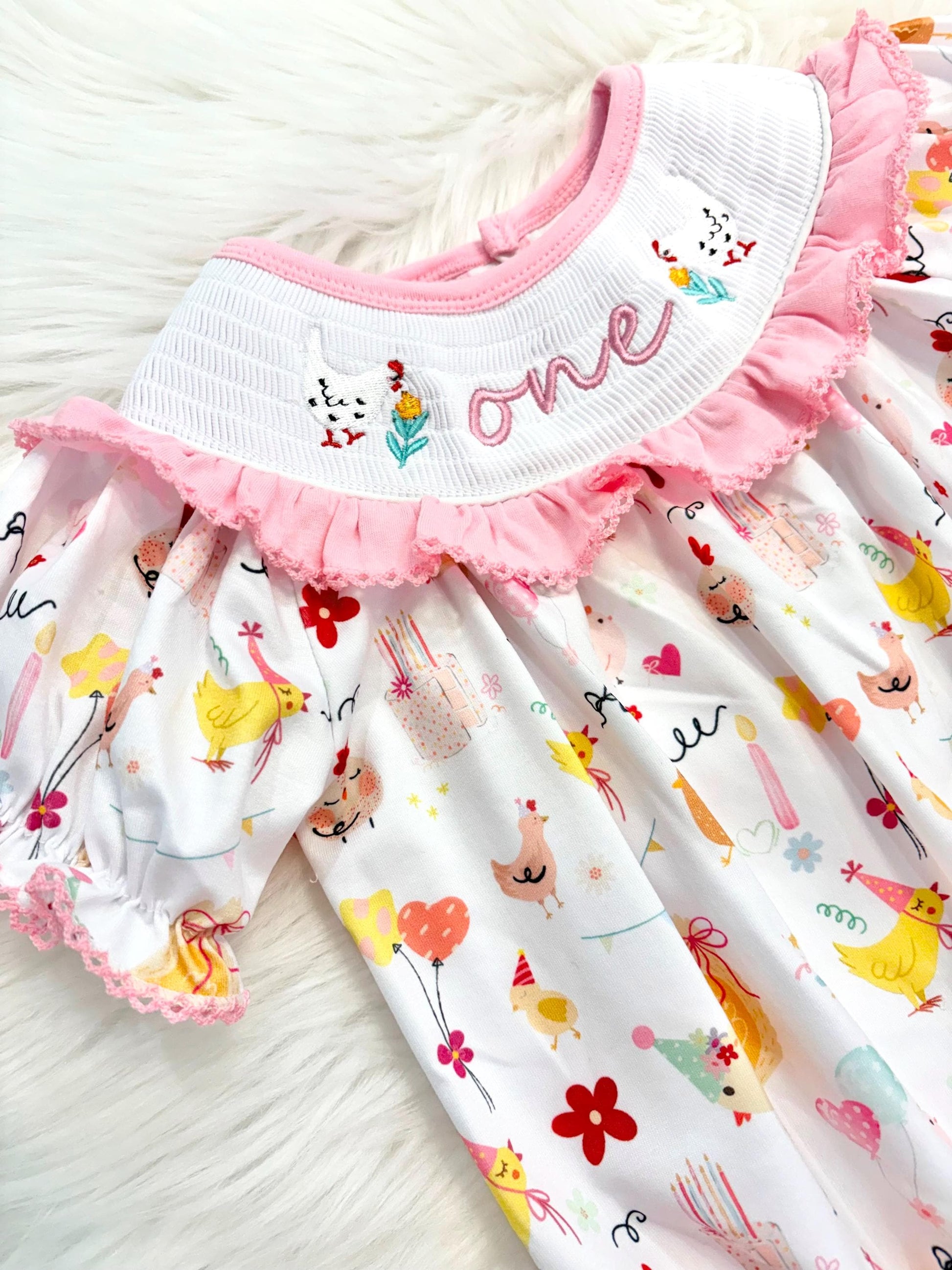 once cute chick girls first birthday bubble romper outfit pink bows first birthday girl romper pink and white outfit, pink yellow smocked dress first birthday embroidered chicken smocked short sleeve 1st birthday outfit ruffle dress baby girls, the mod mango baby co