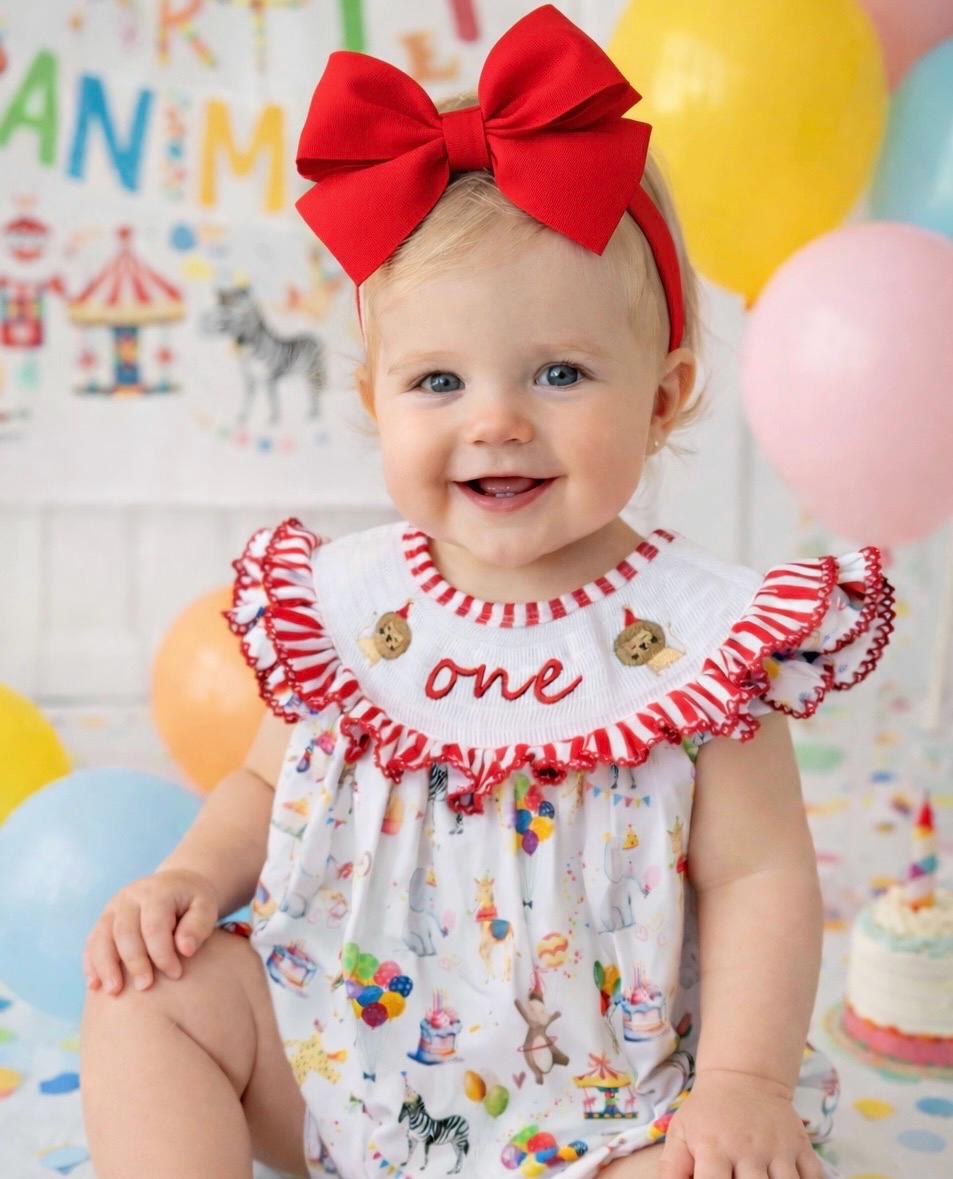Circus Party Animals First Birthday Smocked Red Bow Bubble Romper Outfit