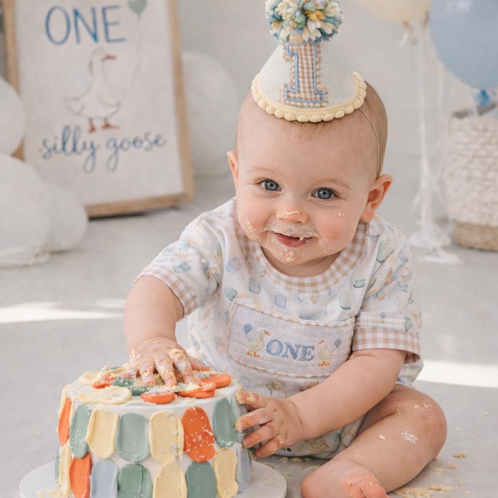 one silly goose shirt first birthday boy romper blue brown blue tan beige gingham checkered outfit, ONE smocked bubble romper first birthday geese goose, party goose embroidered smocked 1st birthday outfit romper baby boys neutral, the mod mango baby boutique co