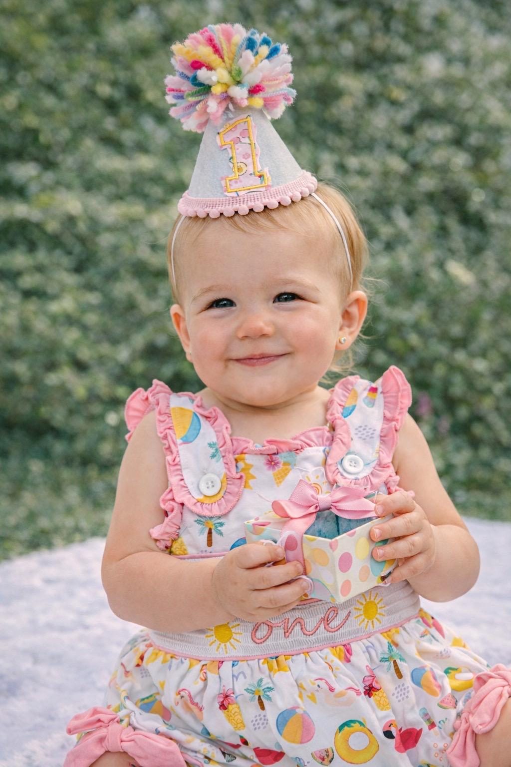 Sunshine First Birthday Smocked Romper: Girls Pink One in the Sun Outfit