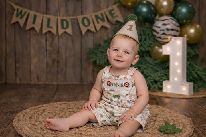 wild one safari cake smash outfit first birthday boy romper camping hunter green white gingham tan beige brown smash cake outfit overalls, ONE smocked romper first birthday wild one safari, animals lion embroidered smocked spring summer 1st birthday boy outfit romper baby boys cake smash outfit, the mod mango baby boutique co