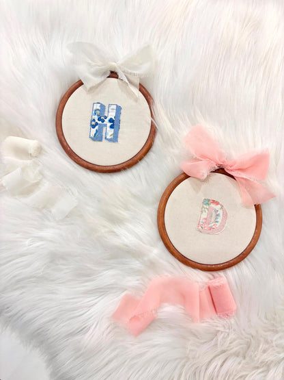 Custom Name Embroidery Hoop, Newborn Baby's First Name Initial Embroidered Hoop Ornament Keepsake Milestone baby name hoop, new baby embroidery customized baby name linen red blue pink beige neutral green gold, wooden embroidery hoop baby room decor, first milestone keepsake, newborn baby gift customized with name, the mod mango baby co