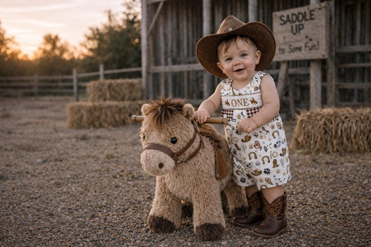 First Rodeo Birthday Smocked Romper: Boys Western Cowboy Outfit