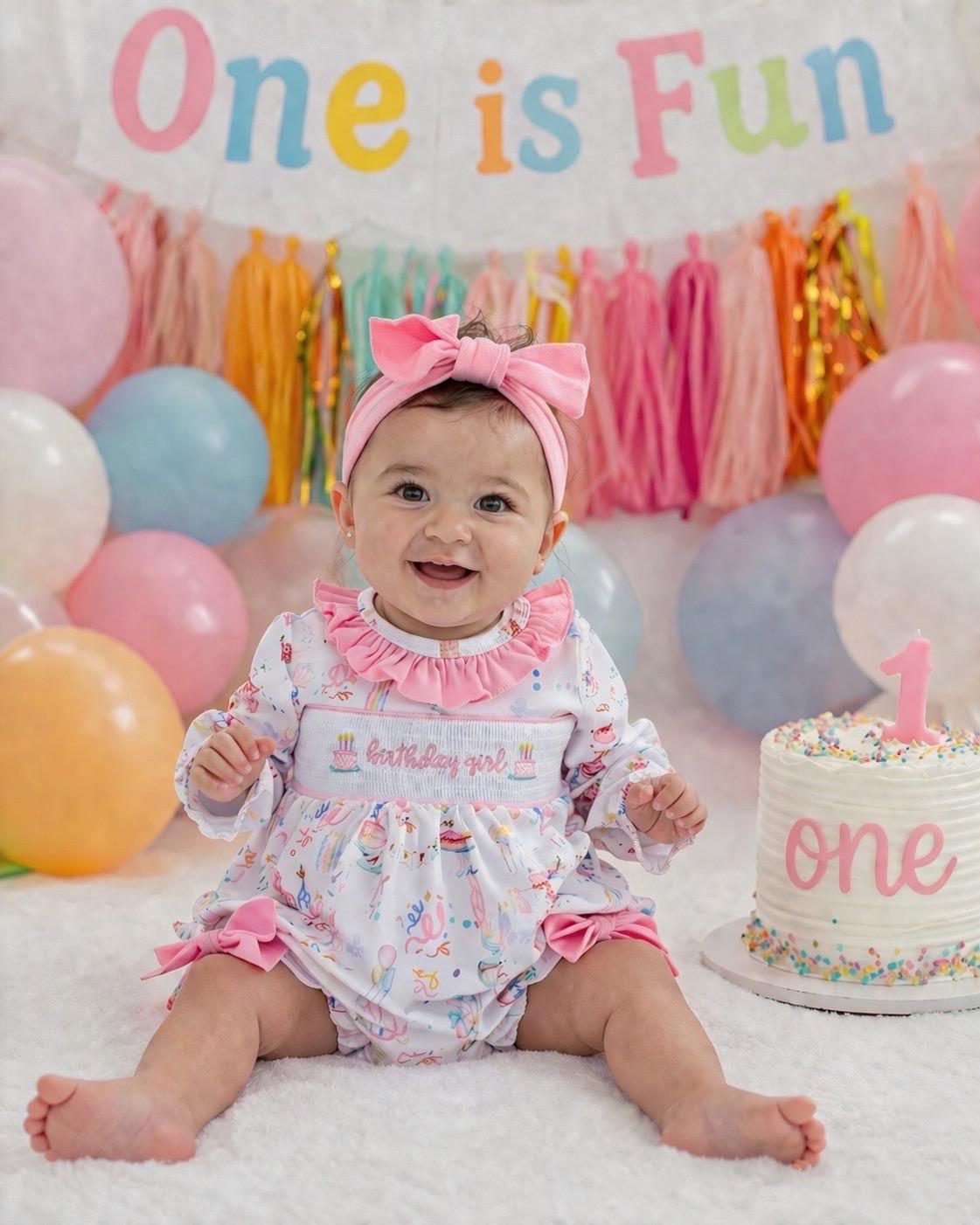 It's Fun to be ONE First Birthday Girl Outfit Pink Bow Smocked Romper