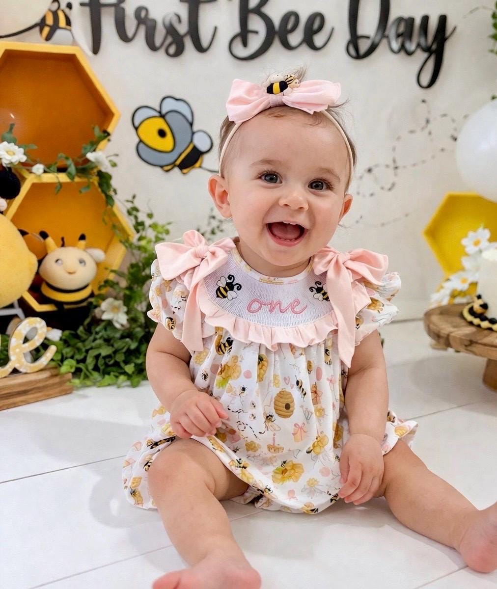 First Bee Day Birthday Girl Smocked Bubble Romper Outfit