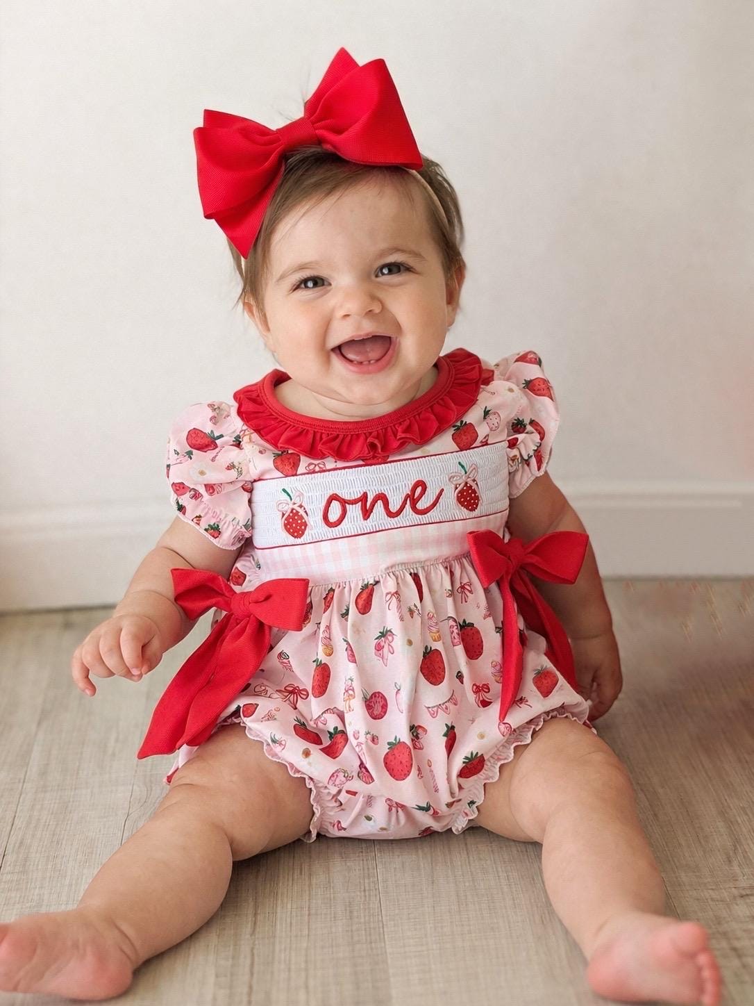 Strawberry First Birthday Smocked Romper: Berry 1st Baby Girl Outfit