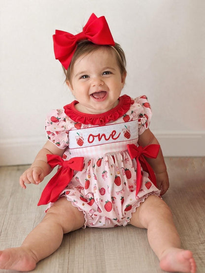 Strawberry First Birthday Smocked Romper: Berry 1st Baby Girl Outfit