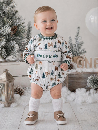 Christmas winter onederland wonderland shirt first birthday boy romper holiday blue brown hunter green white gingham checkered outfit, ONE smocked bubble romper first birthday bear pine trees deer woodland animals, snowflake and pine trees embroidered smocked 1st birthday outfit romper baby boys, the mod mango baby co baby boutique