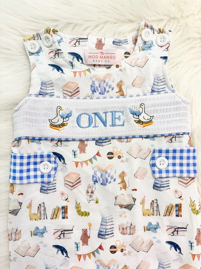 books birthday boy romper one for the books shortalls blue white gingham smash cake outfit overalls, ONE smocked romper first birthday books, storybooks baby goose embroidered smocked spring summer fall 1st birthday boy outfit romper baby boys reading 1st birthday, the mod mango baby co