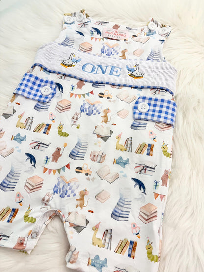 books birthday boy romper one for the books shortalls blue white gingham smash cake outfit overalls, ONE smocked romper first birthday books, storybooks baby goose embroidered smocked spring summer fall 1st birthday boy outfit romper baby boys reading 1st birthday, the mod mango baby co