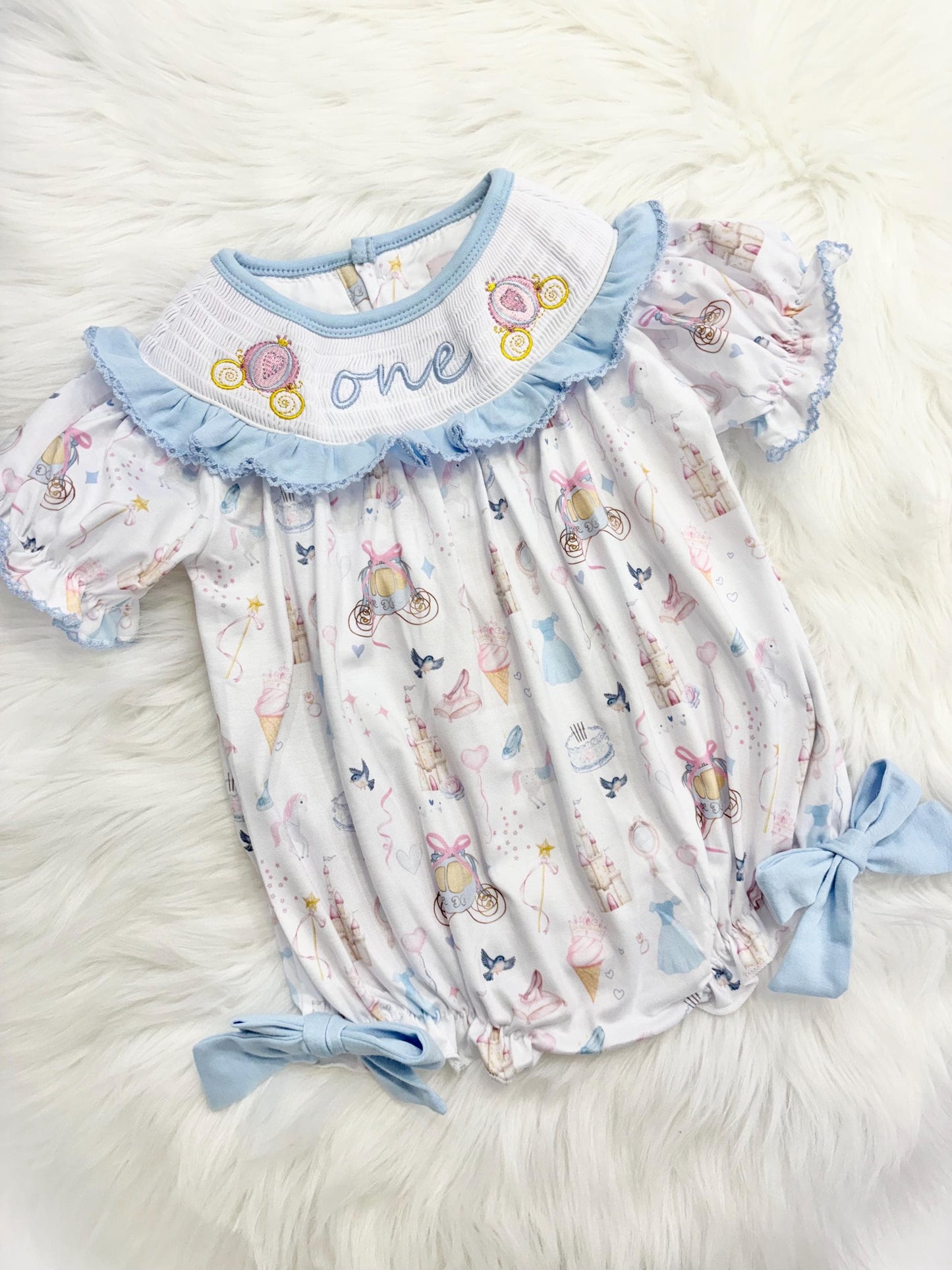 disney princess girls first birthday bubble romper outfit, one-ce once upon a time blue bows first birthday girl princess romper pink and white outfit, first birthday embroidered carriage smocked short sleeve 1st birthday outfit ruffle dress baby girls