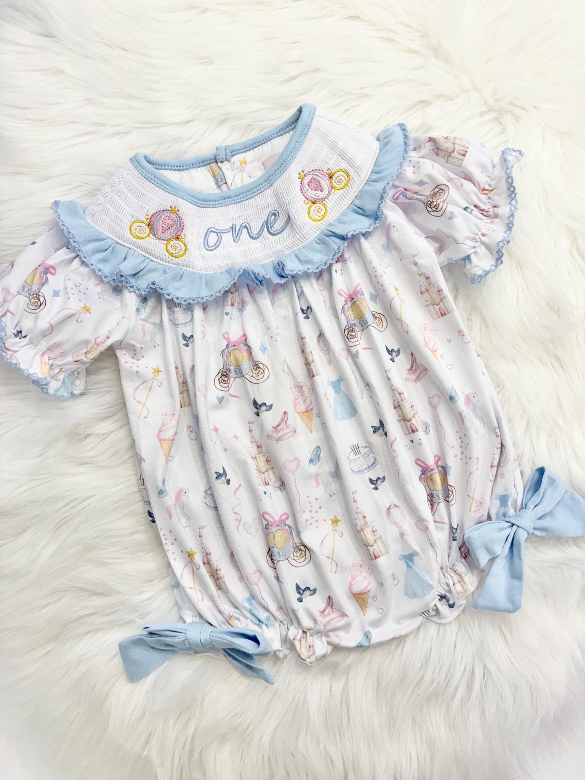 disney princess girls first birthday bubble romper outfit, one-ce once upon a time blue bows first birthday girl princess romper pink and white outfit, first birthday embroidered carriage smocked short sleeve 1st birthday outfit ruffle dress baby girls