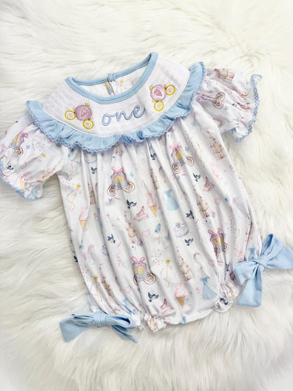disney princess girls first birthday bubble romper outfit, one-ce once upon a time blue bows first birthday girl princess romper pink and white outfit, first birthday embroidered carriage smocked short sleeve 1st birthday outfit ruffle dress baby girls