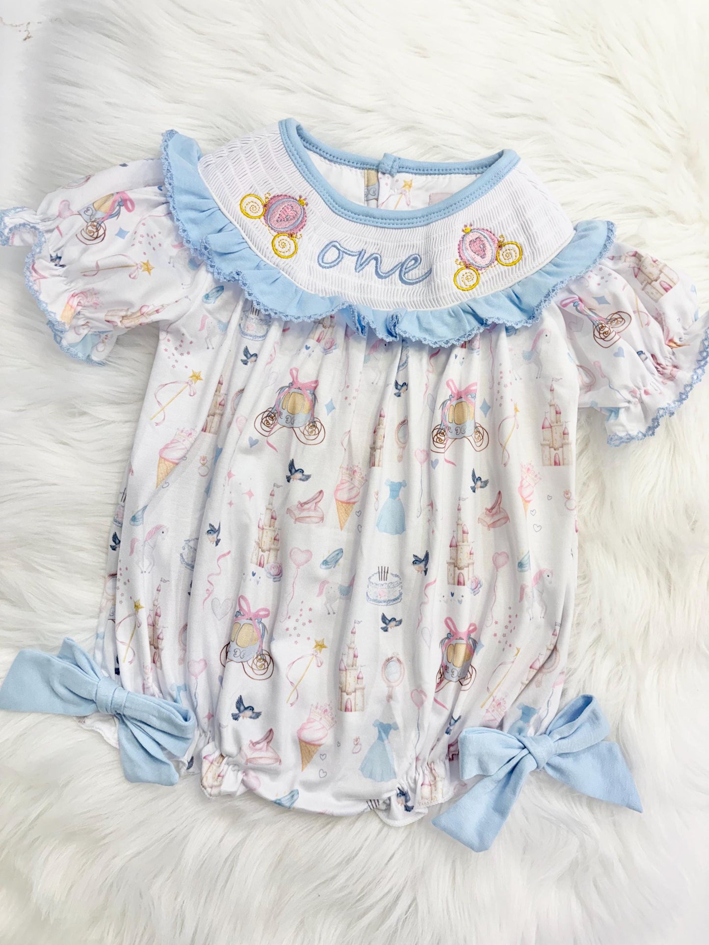 disney princess girls first birthday bubble romper outfit, one-ce once upon a time blue bows first birthday girl princess romper pink and white outfit, first birthday embroidered carriage smocked short sleeve 1st birthday outfit ruffle dress baby girls