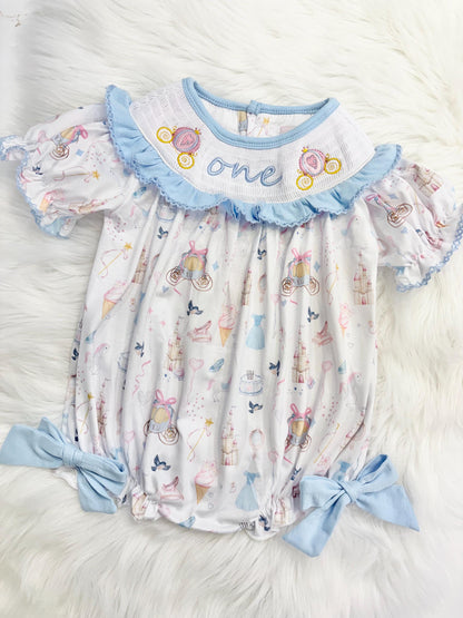 disney princess girls first birthday bubble romper outfit, one-ce once upon a time blue bows first birthday girl princess romper pink and white outfit, first birthday embroidered carriage smocked short sleeve 1st birthday outfit ruffle dress baby girls