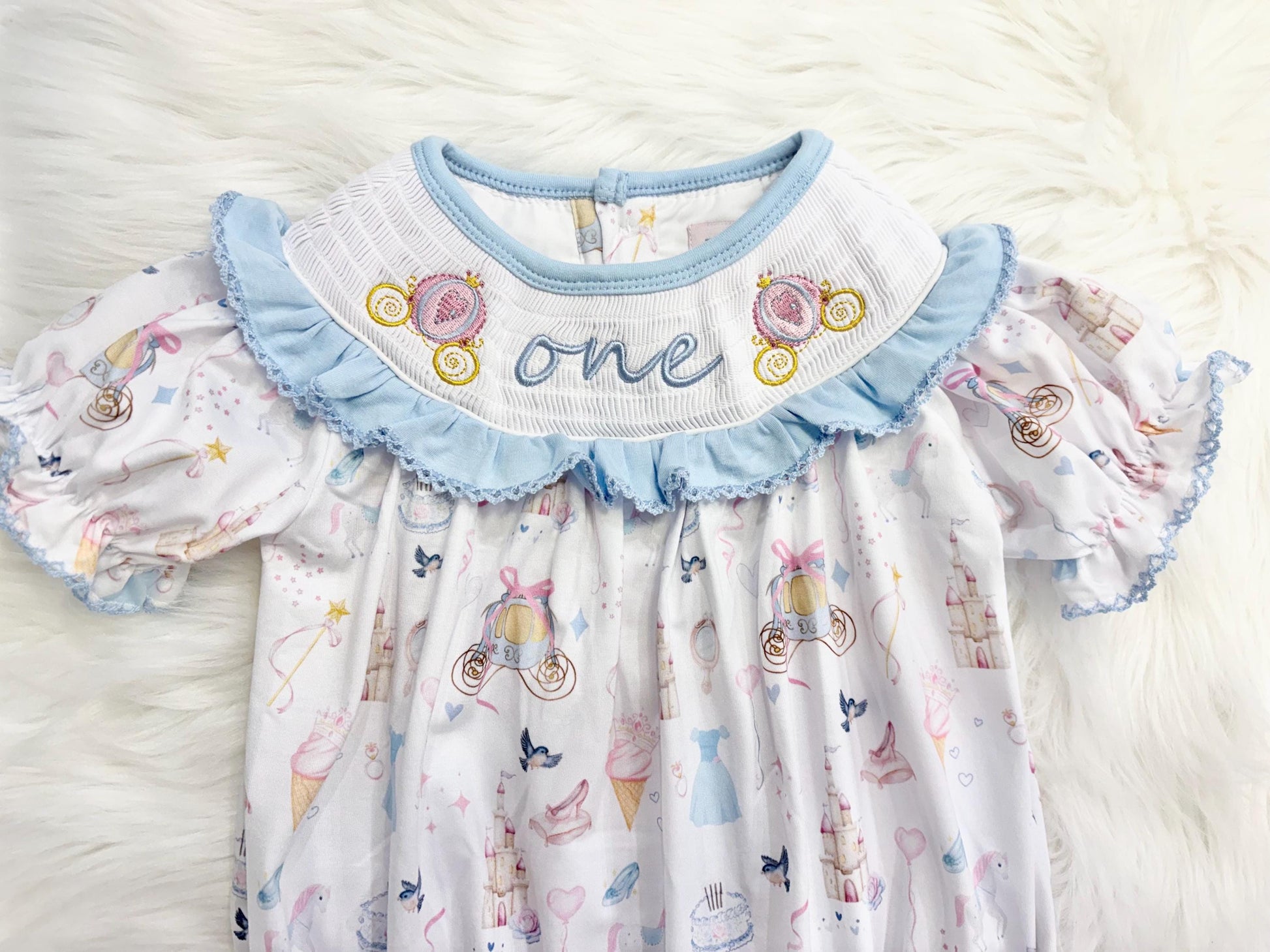 disney princess girls first birthday bubble romper outfit, one-ce once upon a time blue bows first birthday girl princess romper pink and white outfit, first birthday embroidered carriage smocked short sleeve 1st birthday outfit ruffle dress baby girls