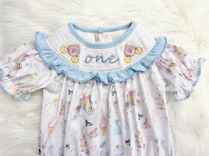 disney princess girls first birthday bubble romper outfit, one-ce once upon a time blue bows first birthday girl princess romper pink and white outfit, first birthday embroidered carriage smocked short sleeve 1st birthday outfit ruffle dress baby girls