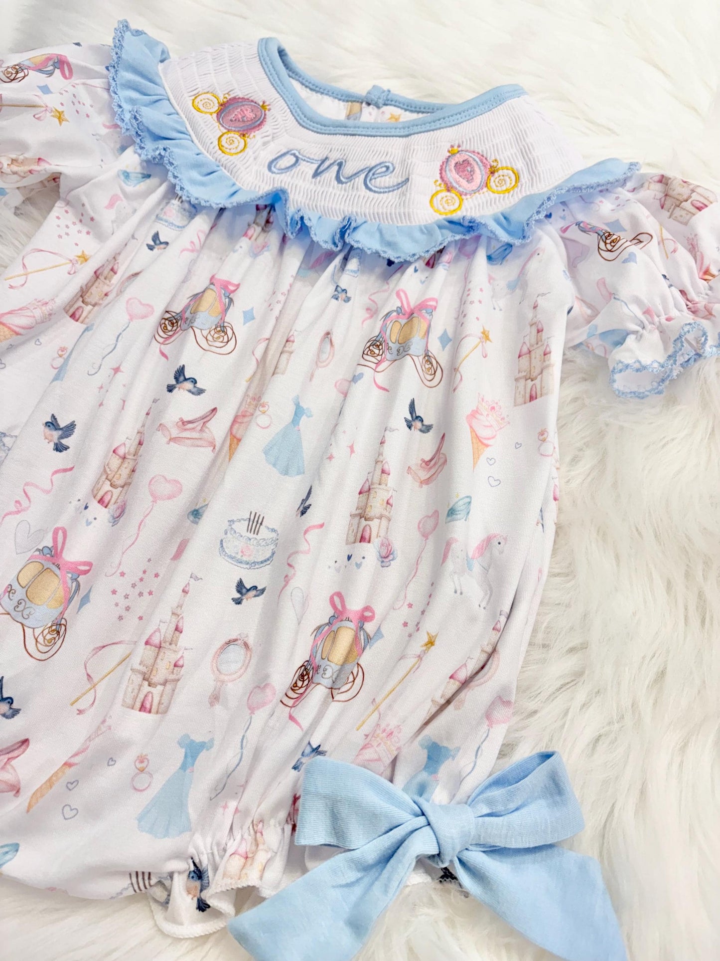 disney princess girls first birthday bubble romper outfit, one-ce once upon a time blue bows first birthday girl princess romper pink and white outfit, first birthday embroidered carriage smocked short sleeve 1st birthday outfit ruffle dress baby girls