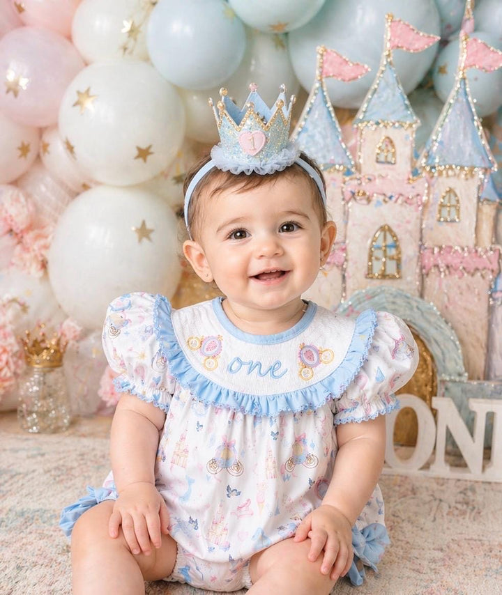 disney princess girls first birthday bubble romper outfit, one-ce once upon a time blue bows first birthday girl princess romper pink and white outfit, first birthday embroidered carriage smocked short sleeve 1st birthday outfit ruffle dress baby girls