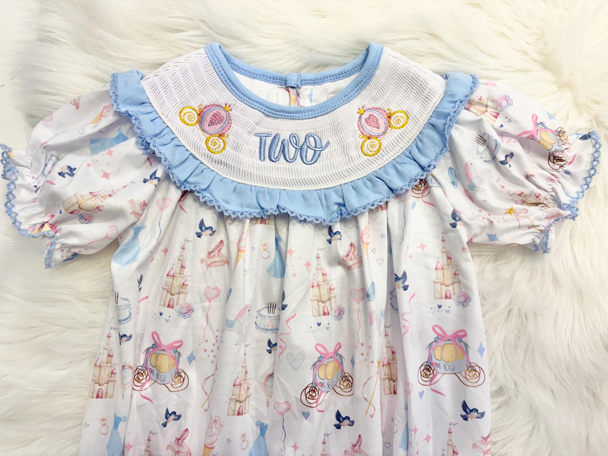 bibbidi bobbidi two disney princess girls second birthday bubble romper outfit, once once upon a time blue bows 2nd birthday girl princess romper pink and white outfit, second birthday embroidered carriage smocked short sleeve 2nd birthday outfit ruffle dress toddler girls, the mod mango