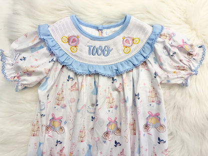 bibbidi bobbidi two disney princess girls second birthday bubble romper outfit, once once upon a time blue bows 2nd birthday girl princess romper pink and white outfit, second birthday embroidered carriage smocked short sleeve 2nd birthday outfit ruffle dress toddler girls, the mod mango