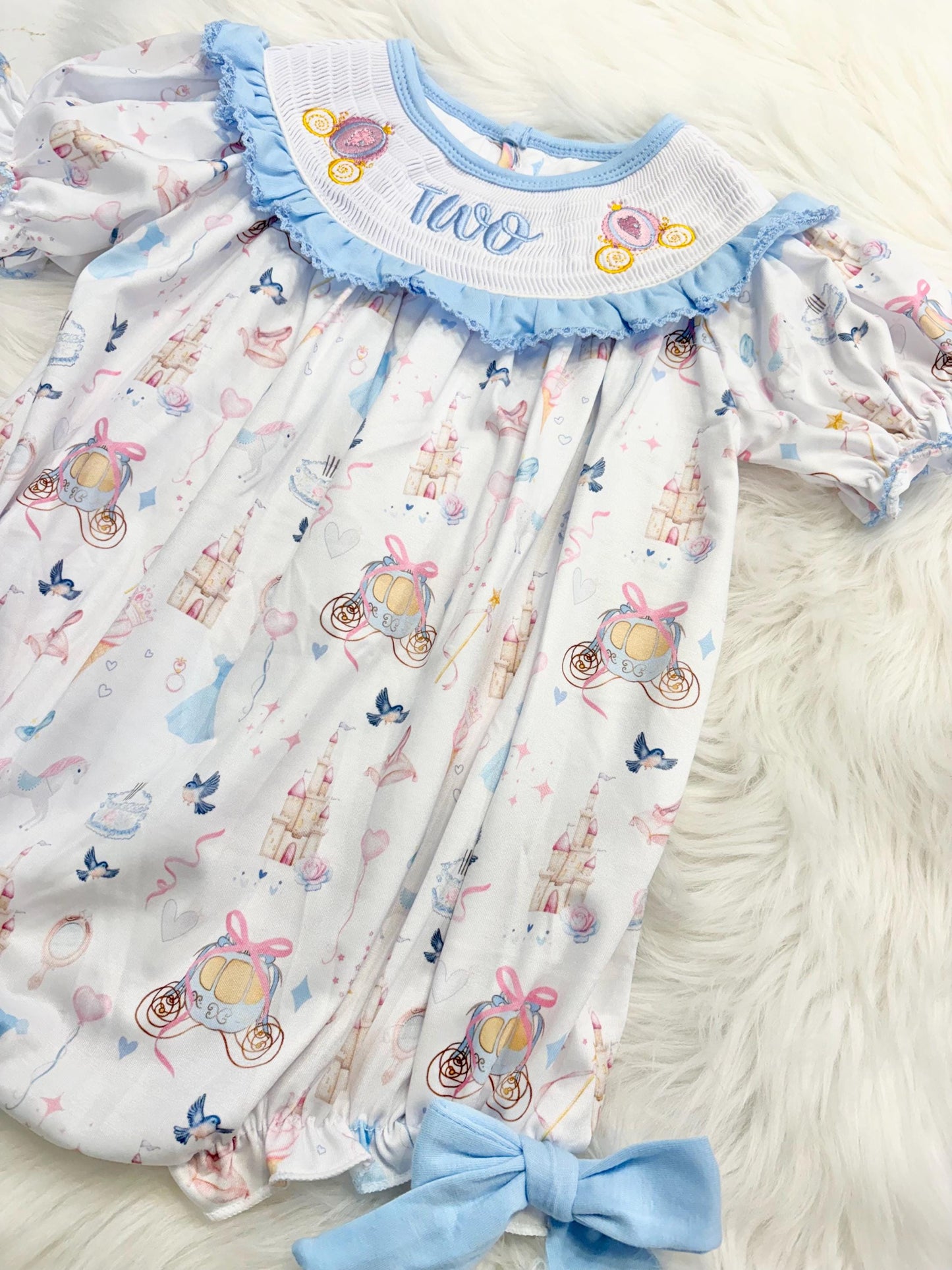 bibbidi bobbidi two disney princess girls second birthday bubble romper outfit, once once upon a time blue bows 2nd birthday girl princess romper pink and white outfit, second birthday embroidered carriage smocked short sleeve 2nd birthday outfit ruffle dress toddler girls, the mod mango