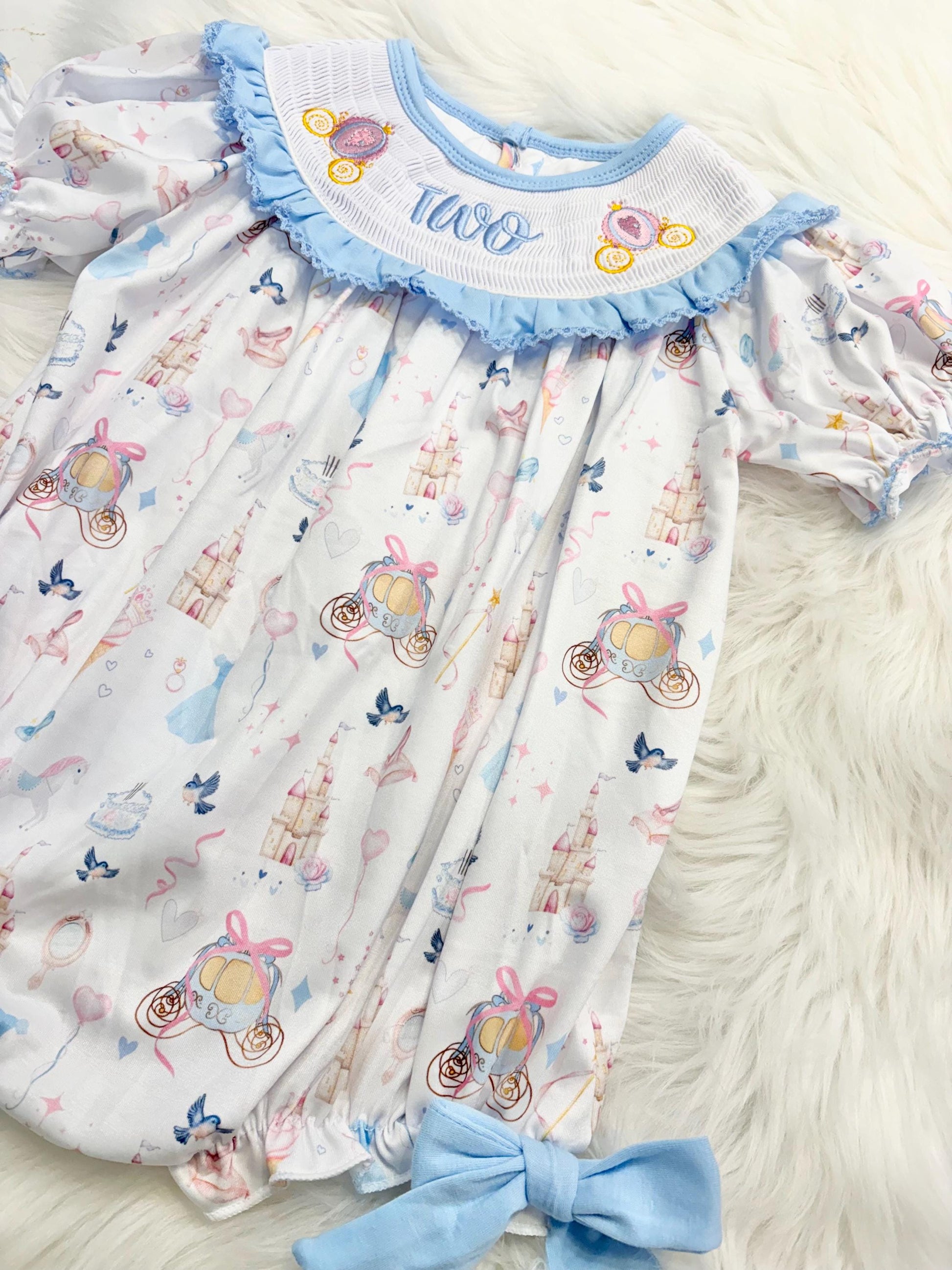 bibbidi bobbidi two disney princess girls second birthday bubble romper outfit, once once upon a time blue bows 2nd birthday girl princess romper pink and white outfit, second birthday embroidered carriage smocked short sleeve 2nd birthday outfit ruffle dress toddler girls, the mod mango