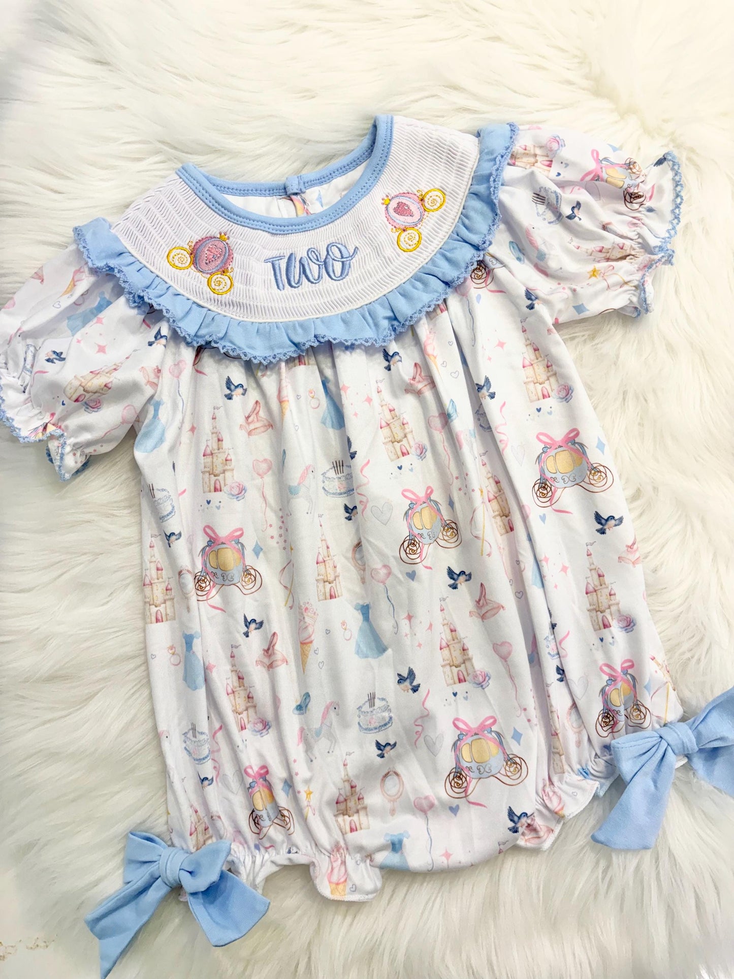 bibbidi bobbidi two disney princess girls second birthday bubble romper outfit, once once upon a time blue bows 2nd birthday girl princess romper pink and white outfit, second birthday embroidered carriage smocked short sleeve 2nd birthday outfit ruffle dress toddler girls, the mod mango