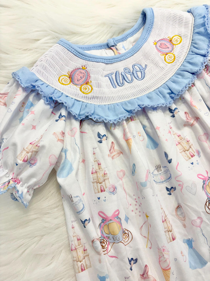 bibbidi bobbidi two disney princess girls second birthday bubble romper outfit, once once upon a time blue bows 2nd birthday girl princess romper pink and white outfit, second birthday embroidered carriage smocked short sleeve 2nd birthday outfit ruffle dress baby girls