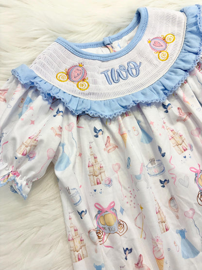 bibbidi bobbidi two disney princess girls second birthday bubble romper outfit, once once upon a time blue bows 2nd birthday girl princess romper pink and white outfit, second birthday embroidered carriage smocked short sleeve 2nd birthday outfit ruffle dress baby girls
