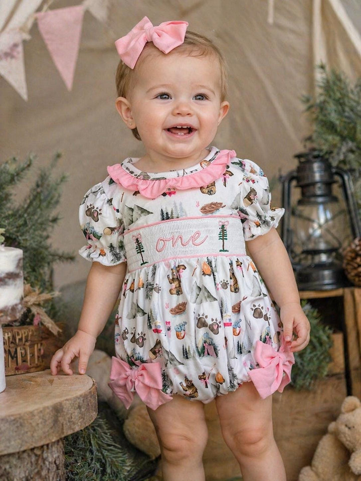 one happy camper girls first birthday bubble romper outfit pink bows first birthday girl romper pink and white outfit, camping pink green smocked dress first birthday embroidered camper smocked short sleeve 1st birthday outfit ruffle dress baby girls, the mod mango